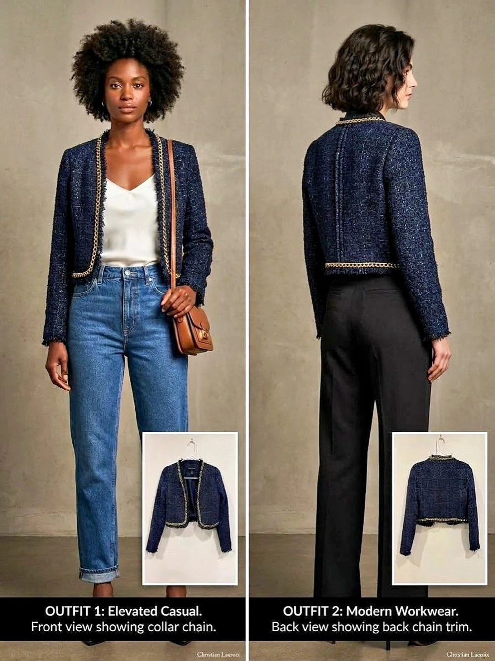 Christian Lacroix Navy Blue Metallic Tweed Gold Chain Trim Cropped Jacket